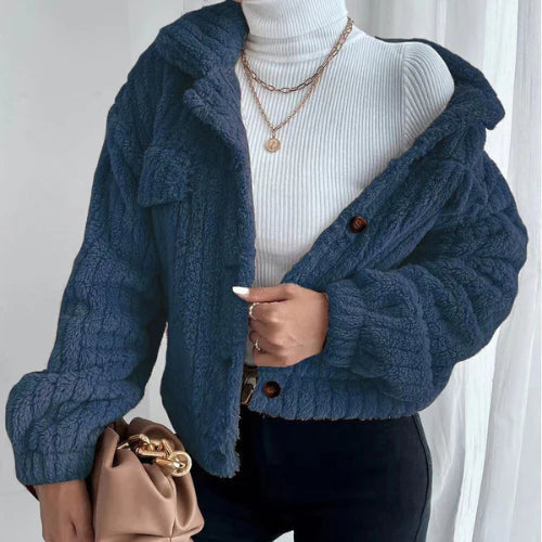 Women's Textured Button-Up Jacket - Knitted Fabric - Relaxed Fit - Casual Wear