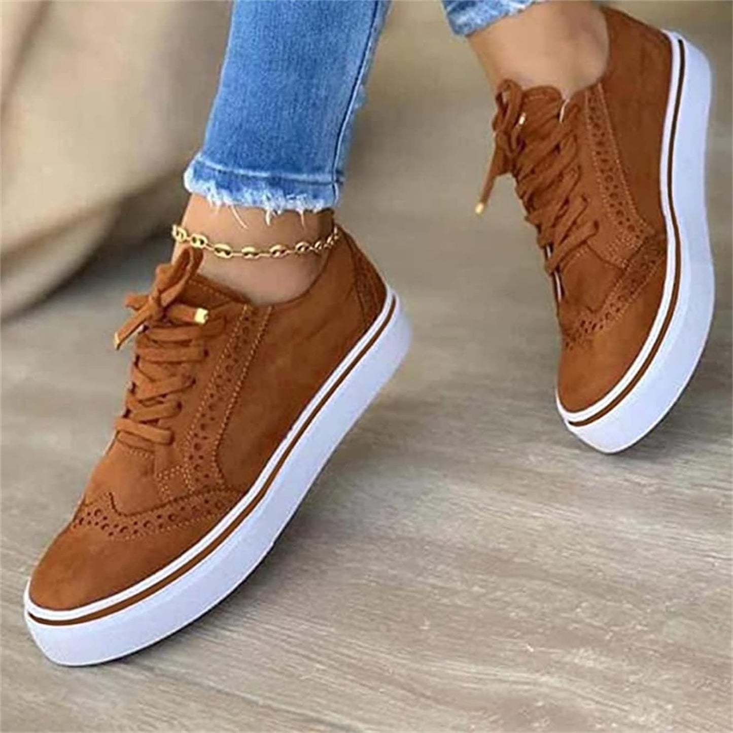 Women's Sneakers - Suede Upper - Lace-Up - Brogue Detailing - Platform Sole