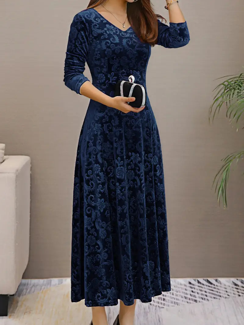 Women's Evening Dress - Velvet A-Line - V-Neck - Three-Quarter Sleeve - Maxi Length