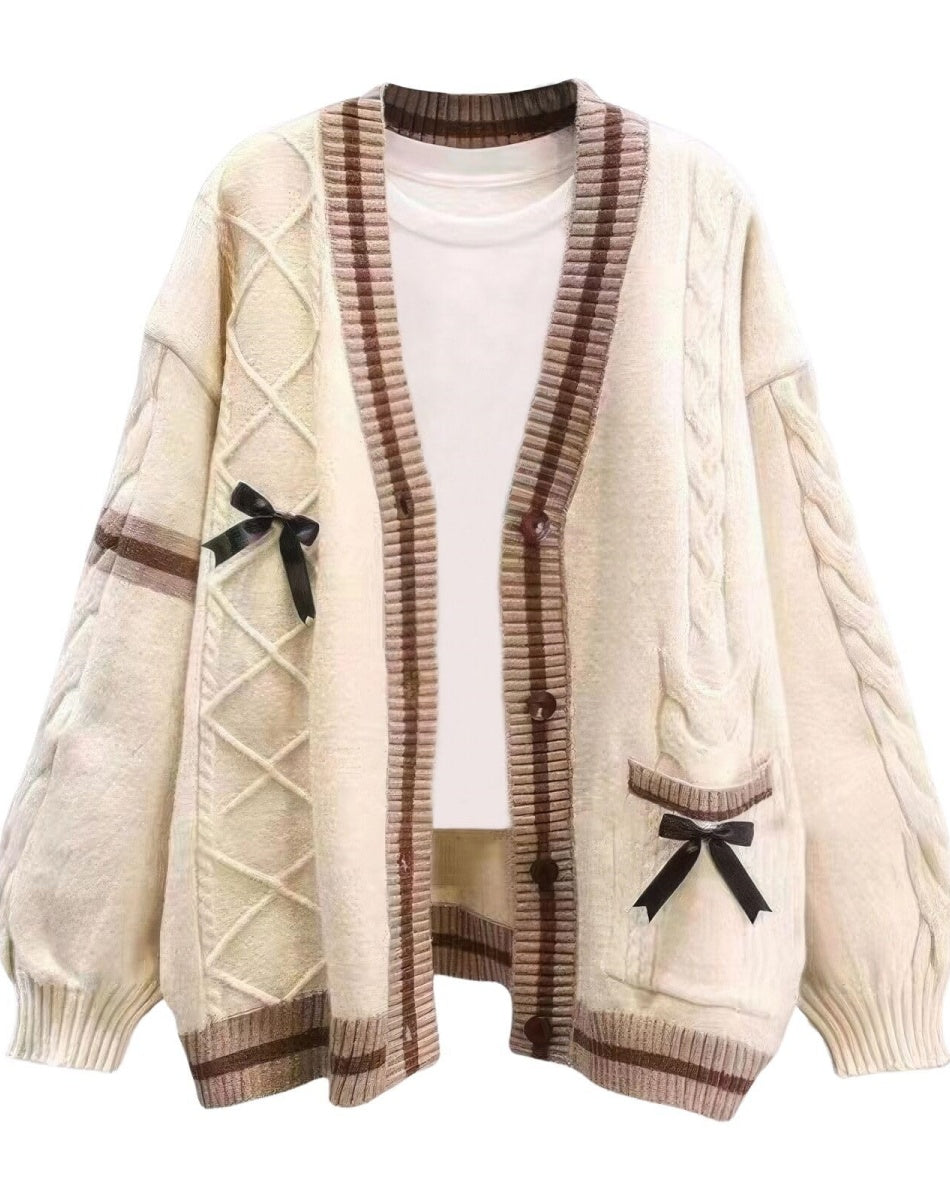 Women’s Cardigan – Relaxed Fit – Soft Knit – Cable Knit – Button Front – Bows