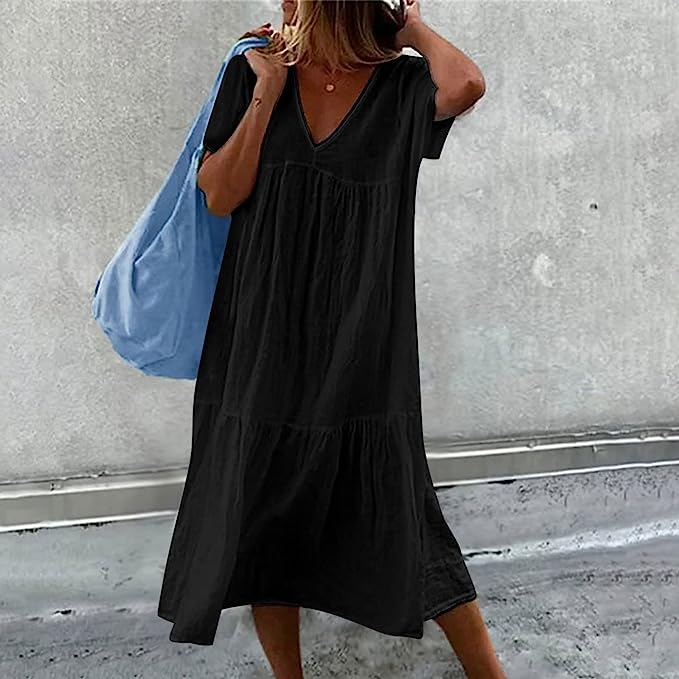 Women's Midi Dress - V-Neck Short Sleeve - Loose Tiered Lightweight Casual Wear