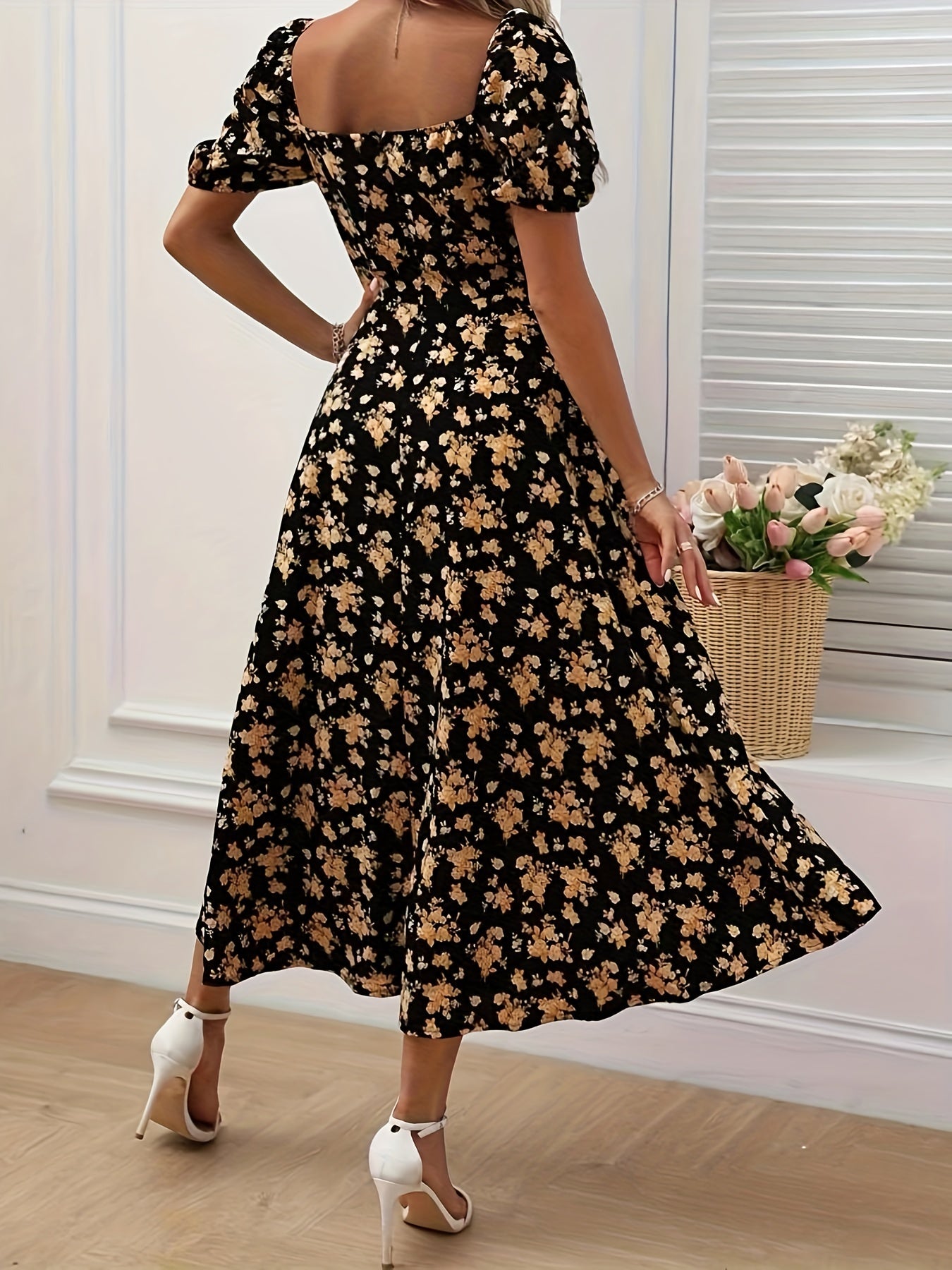 Elegant Floral Print Slim Fit Slit Dress