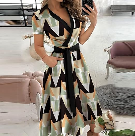 Women's Wrap Dress - V-Neck Tie Waist - Butterfly Print - A-Line 3/4 Sleeve