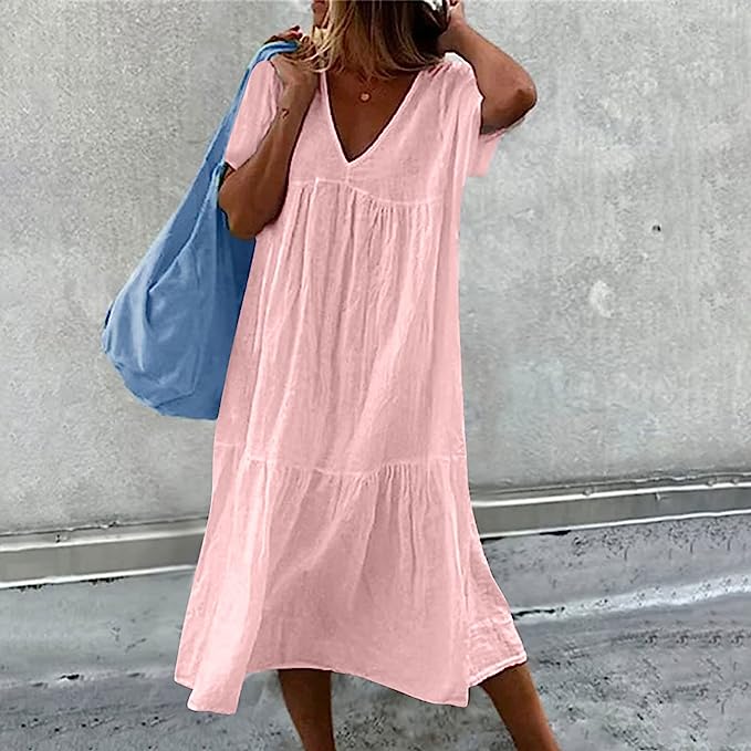 Women's Midi Dress - V-Neck Short Sleeve - Loose Tiered Lightweight Casual Wear