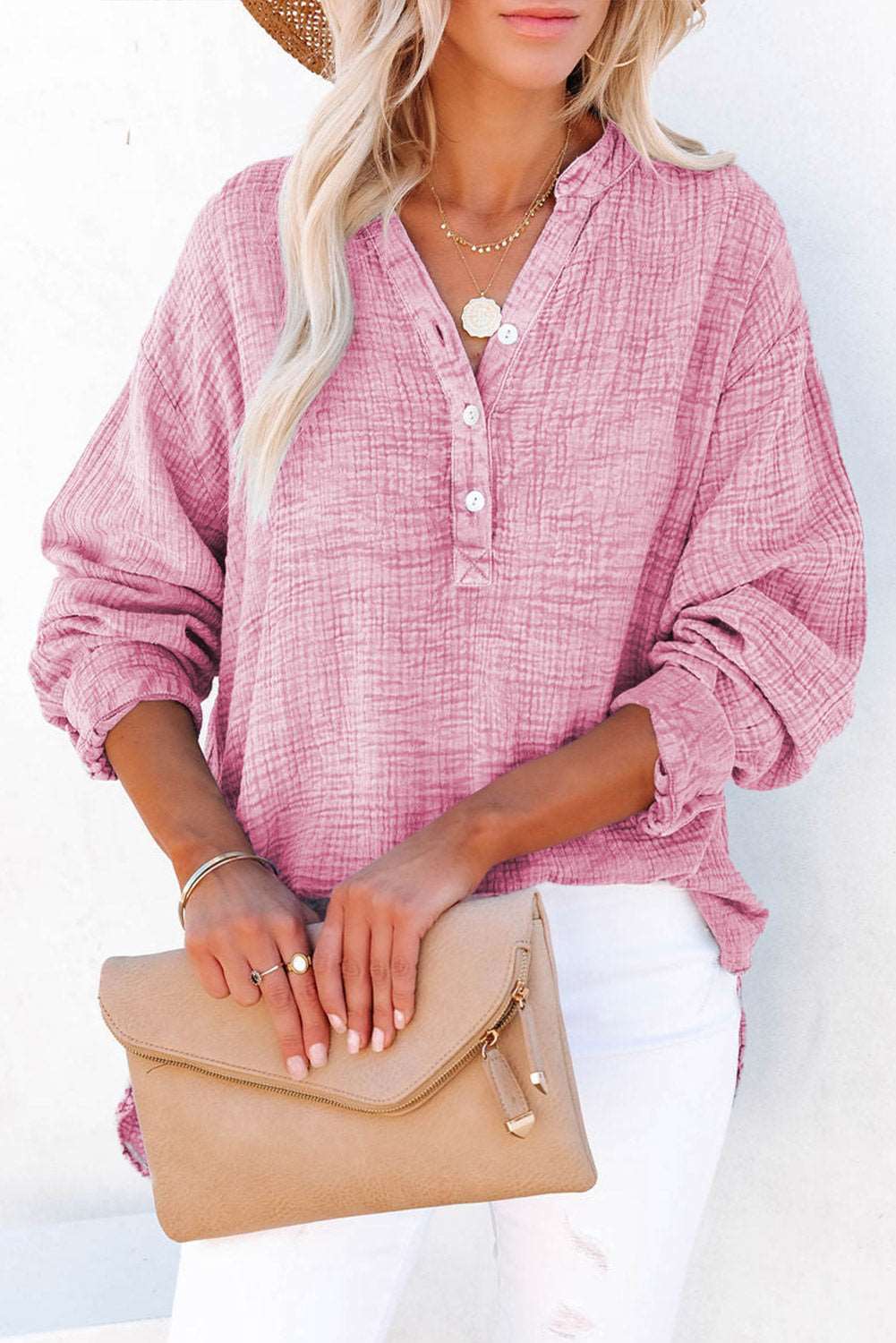 Women's Button-Up Blouse - V-Neck Loose Fit - Long Sleeve Casual Wear