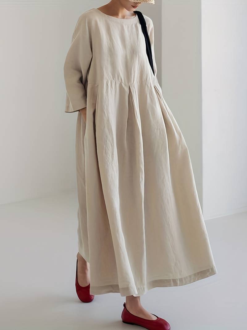 Women's Maxi Dress - Loose Fit - Pleated Skirt - Three-Quarter Sleeves - Flowy Elegant Style