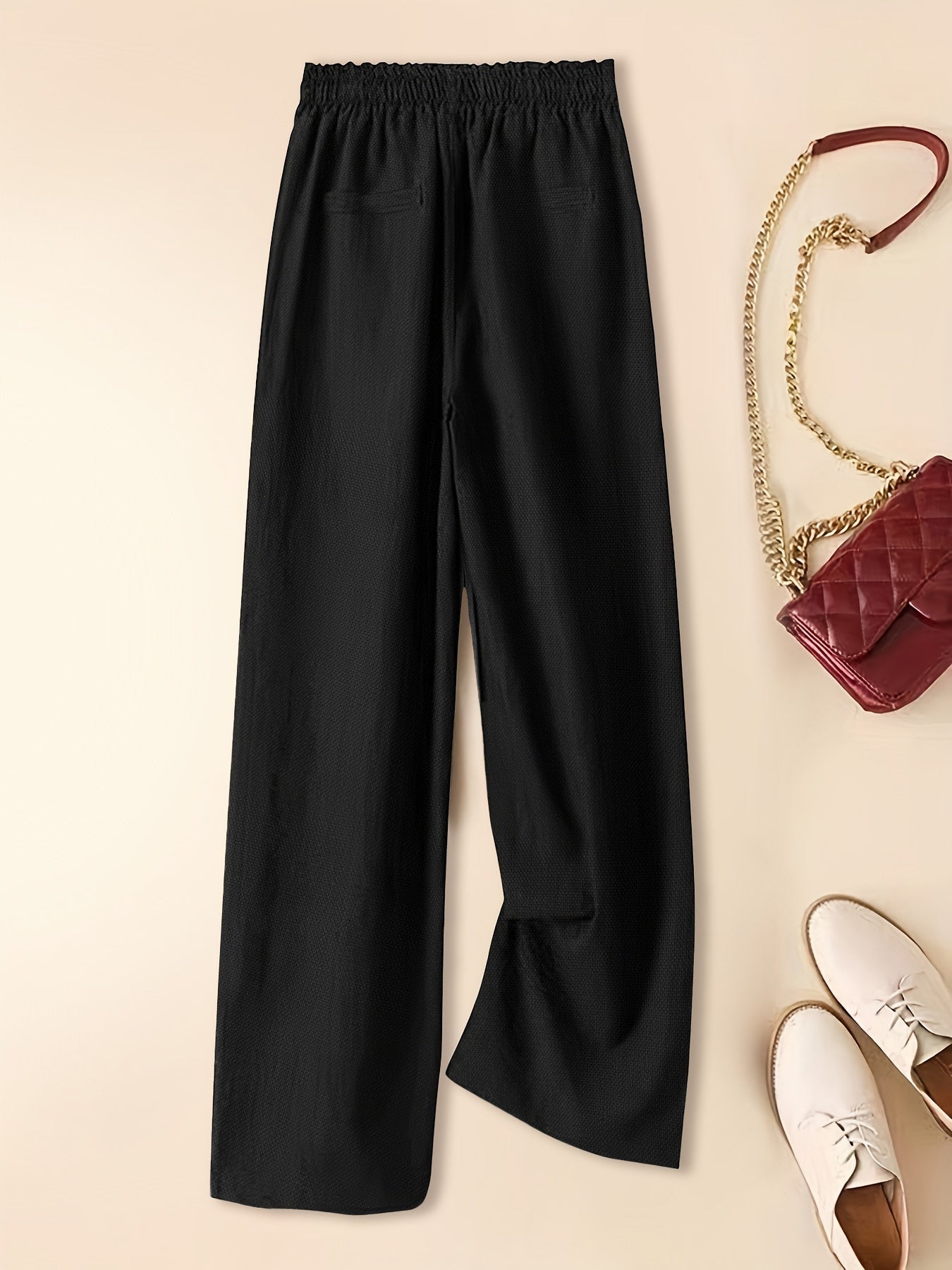 Women's Linen Wide-Leg Pants - Elastic Waist - Lightweight Breathable Fabric - Full Length