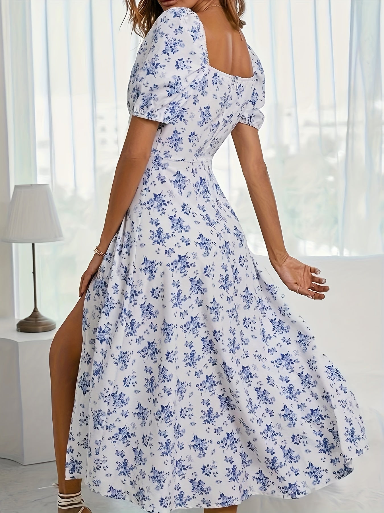 Elegant Floral Print Slim Fit Slit Dress