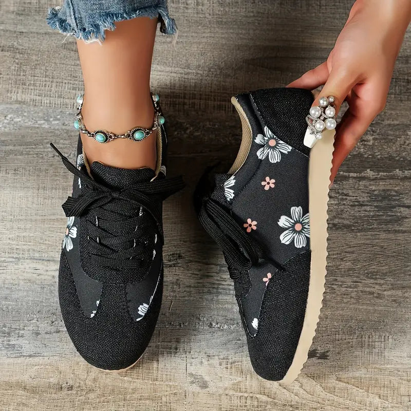 Floral Print Comfortable Lace-Up Sneakers