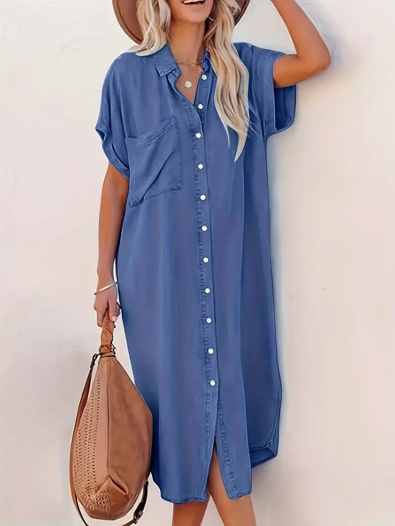 Relaxed Fit Button-Up Midi Shirt Dress