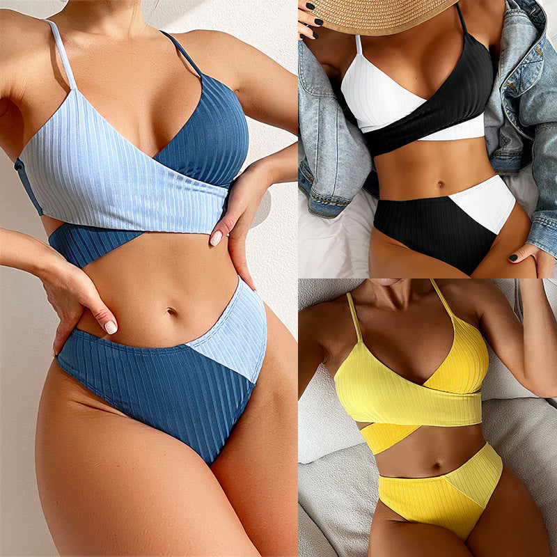 Ribbed Texture Wrap Bikini Set with Cross Detail