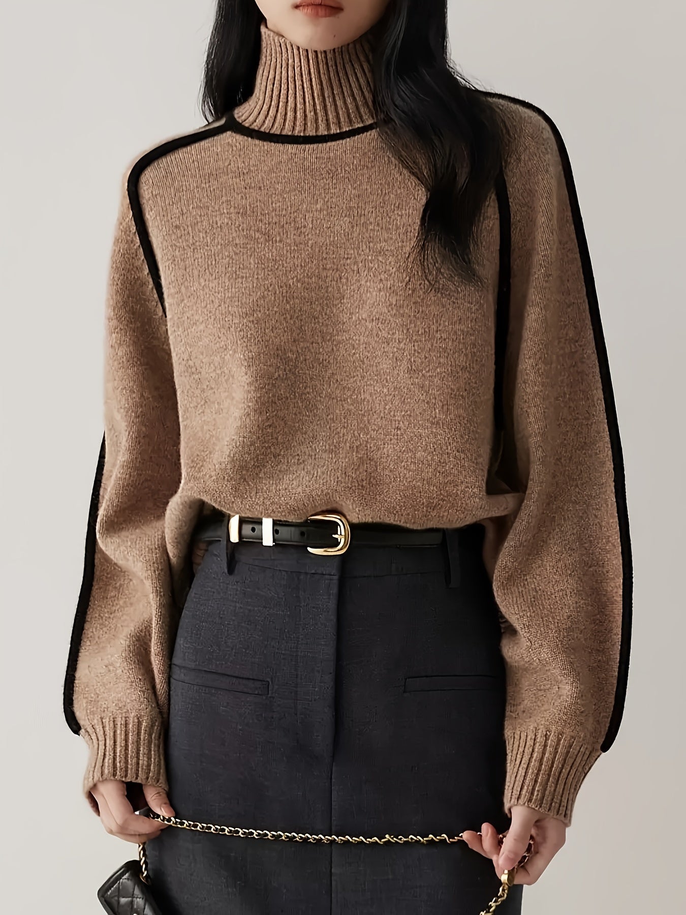 High-neck knit sweater with outlined design and long sleeves for women