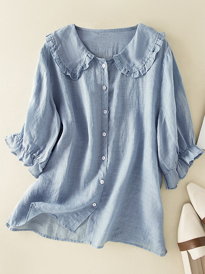 Women's Blouse - Comfortable Fiber Blend - Loose Fit - Button-Up - Ruffled Collar & Cuffs