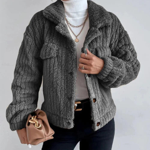 Women's Textured Button-Up Jacket - Knitted Fabric - Relaxed Fit - Casual Wear
