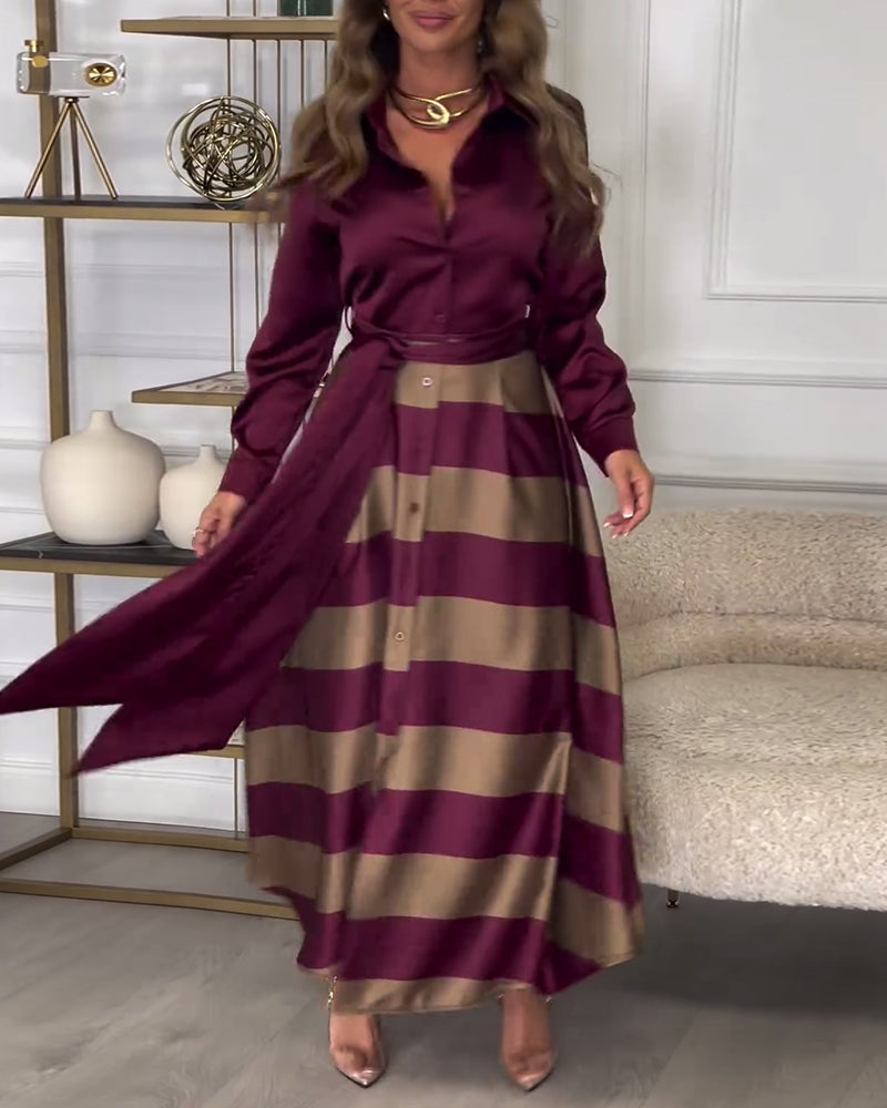 Women’s Maxi Dress - Button-Up Long Sleeve - Striped Flowing Skirt - Belted Waist