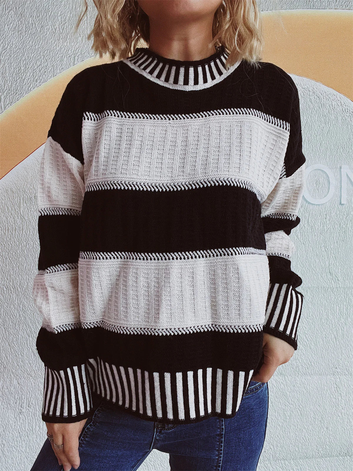 Women's Knitted Sweater - Striped Pattern - Crew Neck - Long Sleeve Relaxed Fit