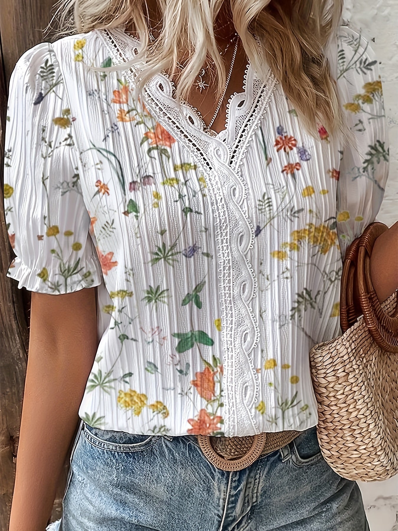Women's Blouse - Floral V-Neck with Lace Trim - Short Puff Sleeve - Relaxed Fit
