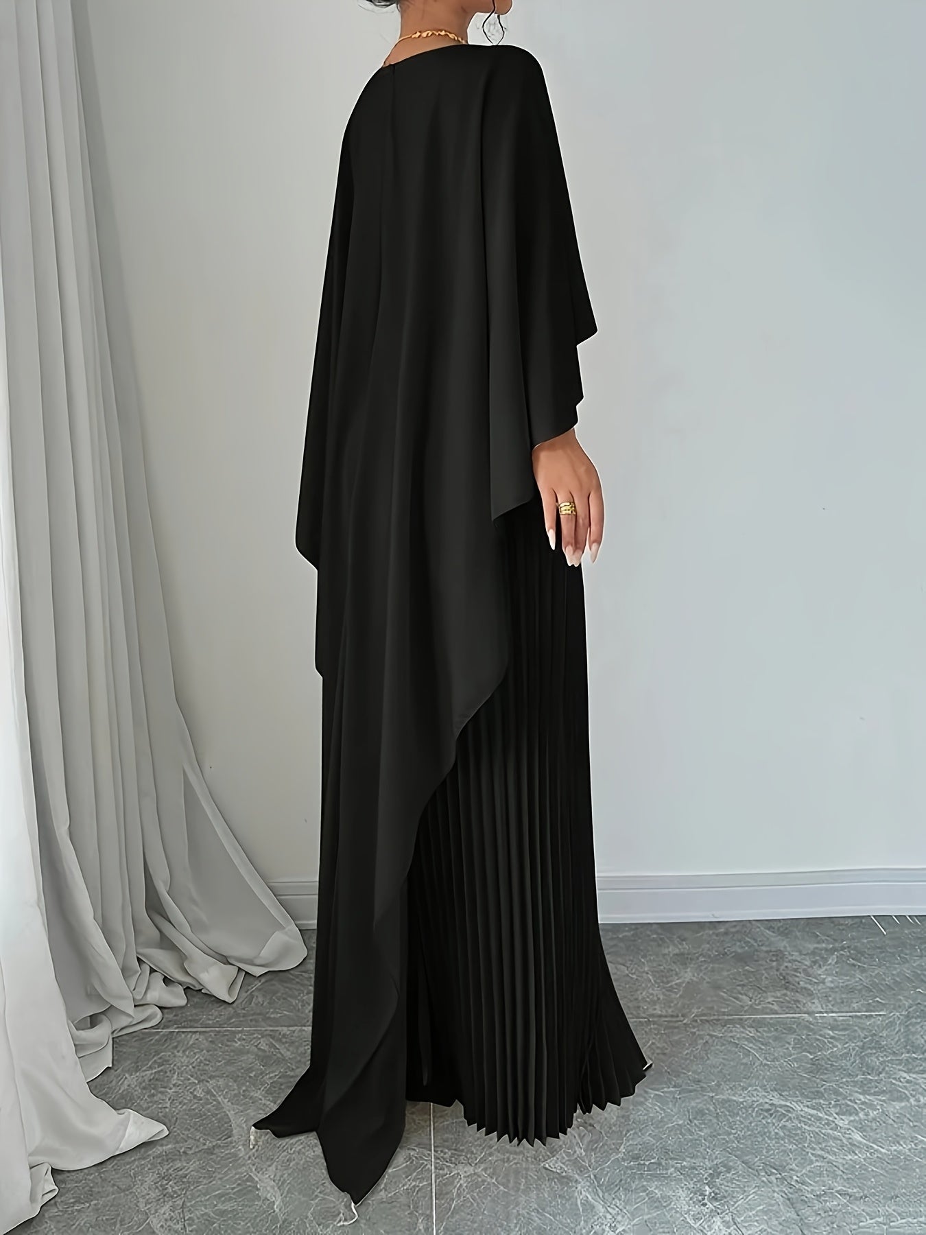 Elegant Pleated Maxi Cape Dress