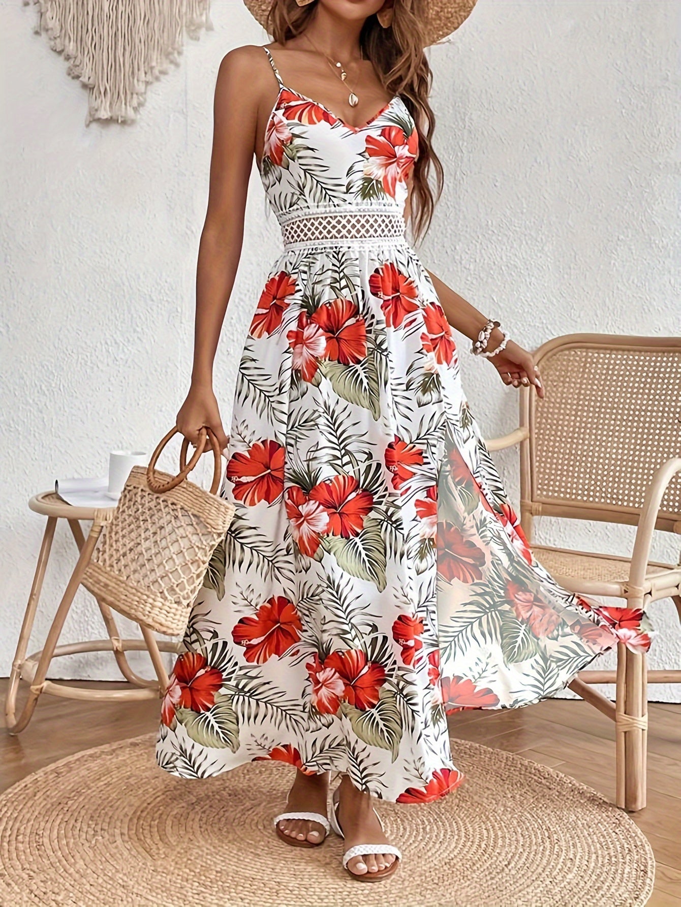 Floral print spaghetti strap dress with lace details for women