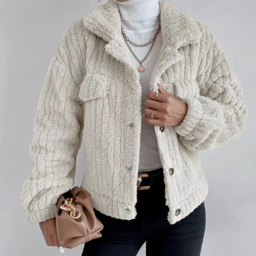 Women's Textured Button-Up Jacket - Knitted Fabric - Relaxed Fit - Casual Wear