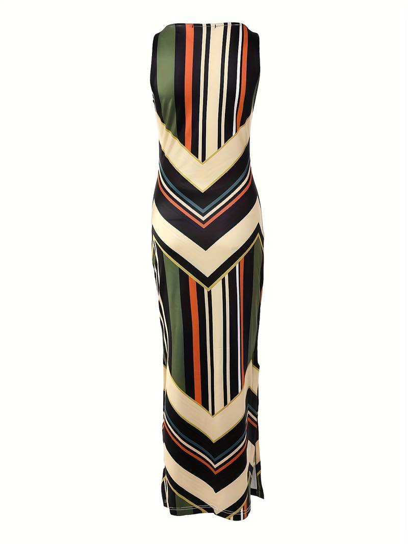 Women's Maxi Dress - Sleeveless Chevron & Stripe Pattern - Round Neck - Side Slit