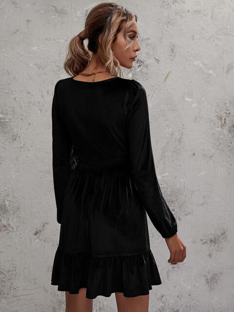 Women's Dress - Soft Luxe Fabric - Deep V-Neck - Long Balloon Sleeves - Ruffled Hem