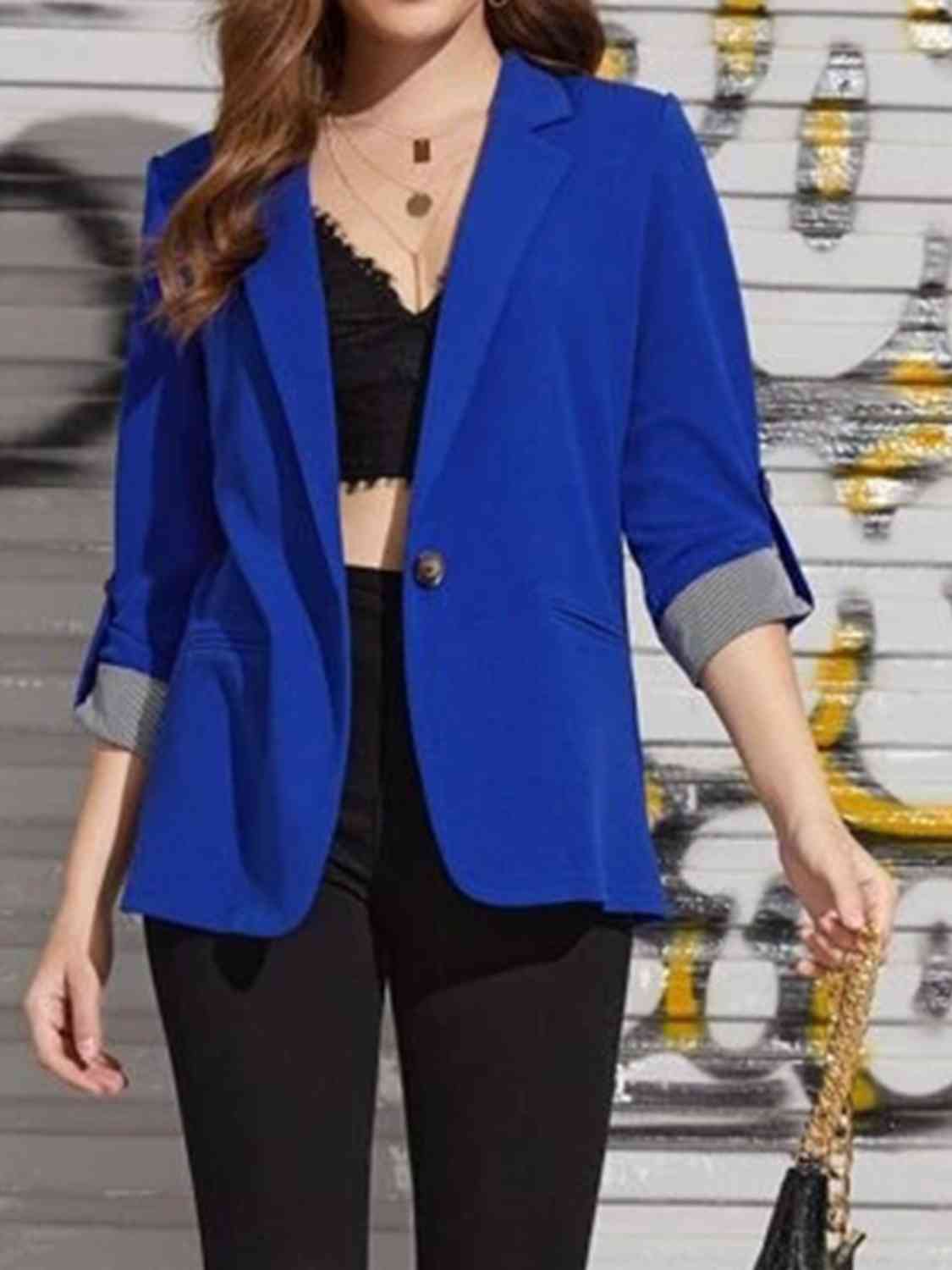 Women's Tailored Blazer - Notched Lapel - Three-Quarter Roll-Tab Sleeves - Open Front