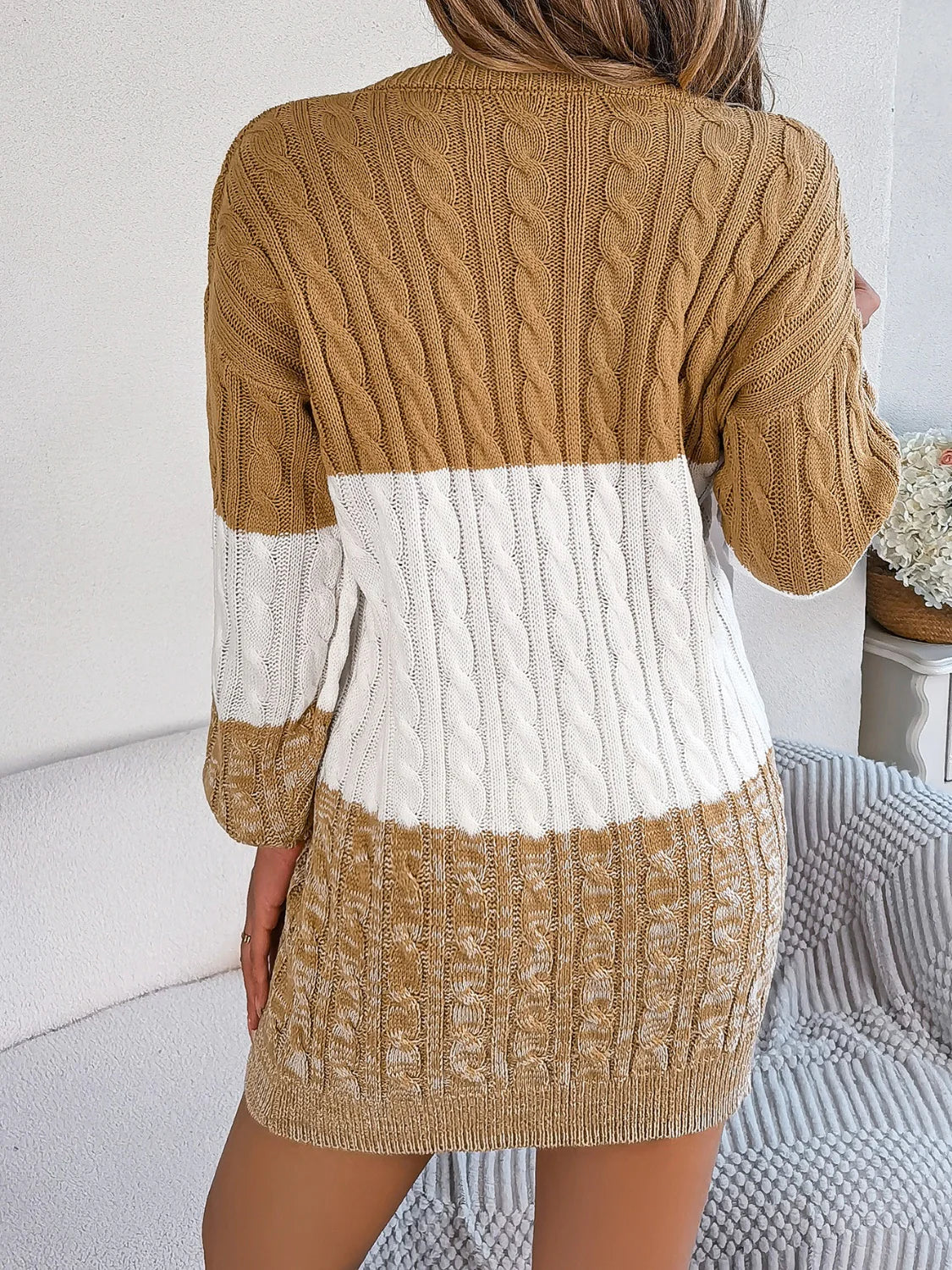 Cable Knit Color Block Relaxed Sweater Dress