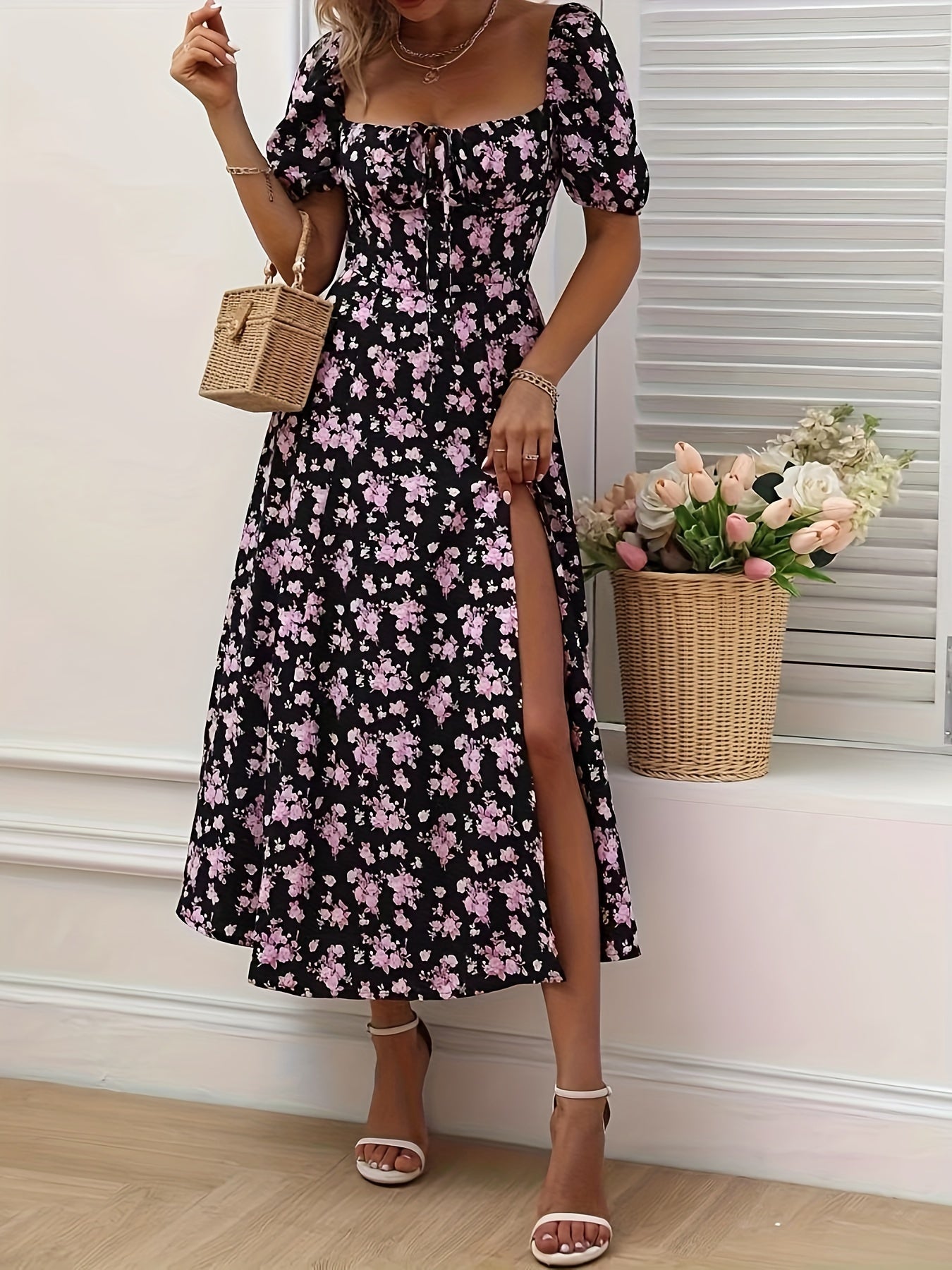 Elegant Floral Print Slim Fit Slit Dress