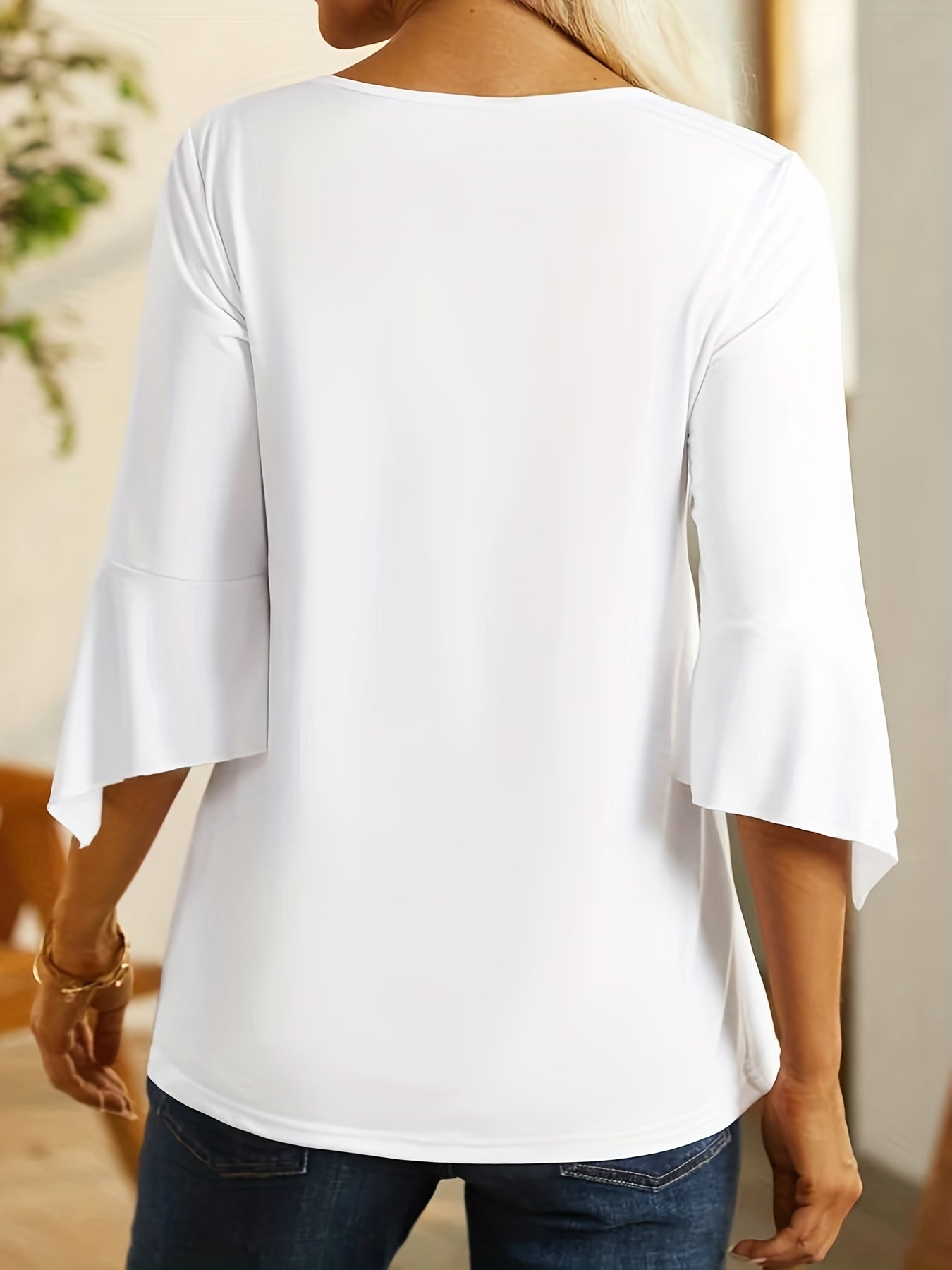 Pleated V-Slit Neckline Flare Sleeve Blouse