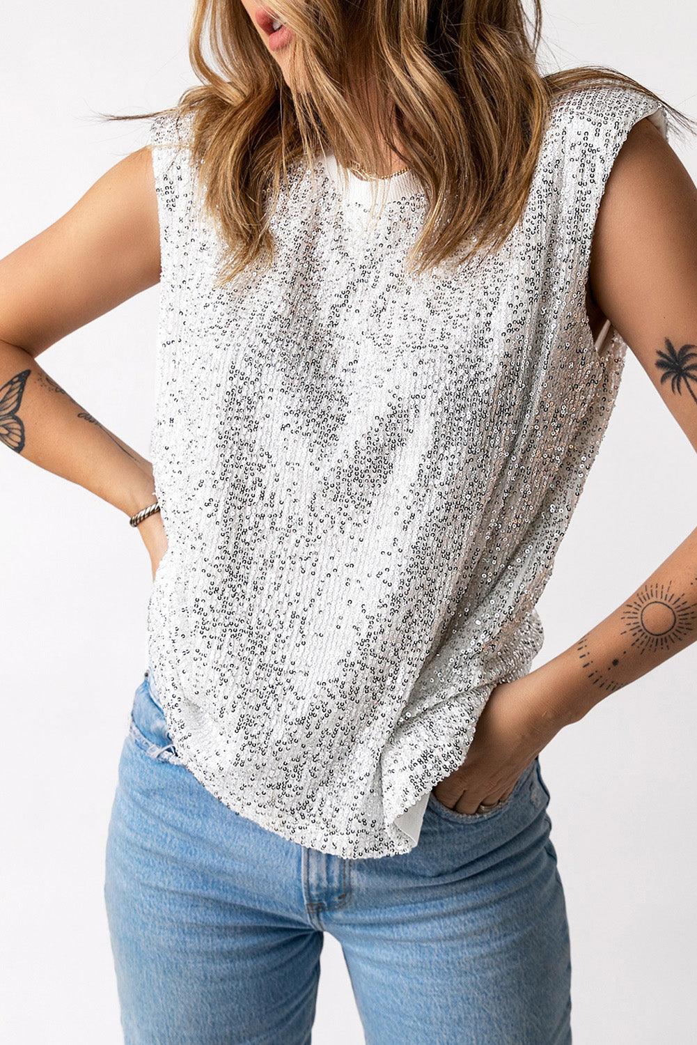 Women's sequin capped sleeve tank top
