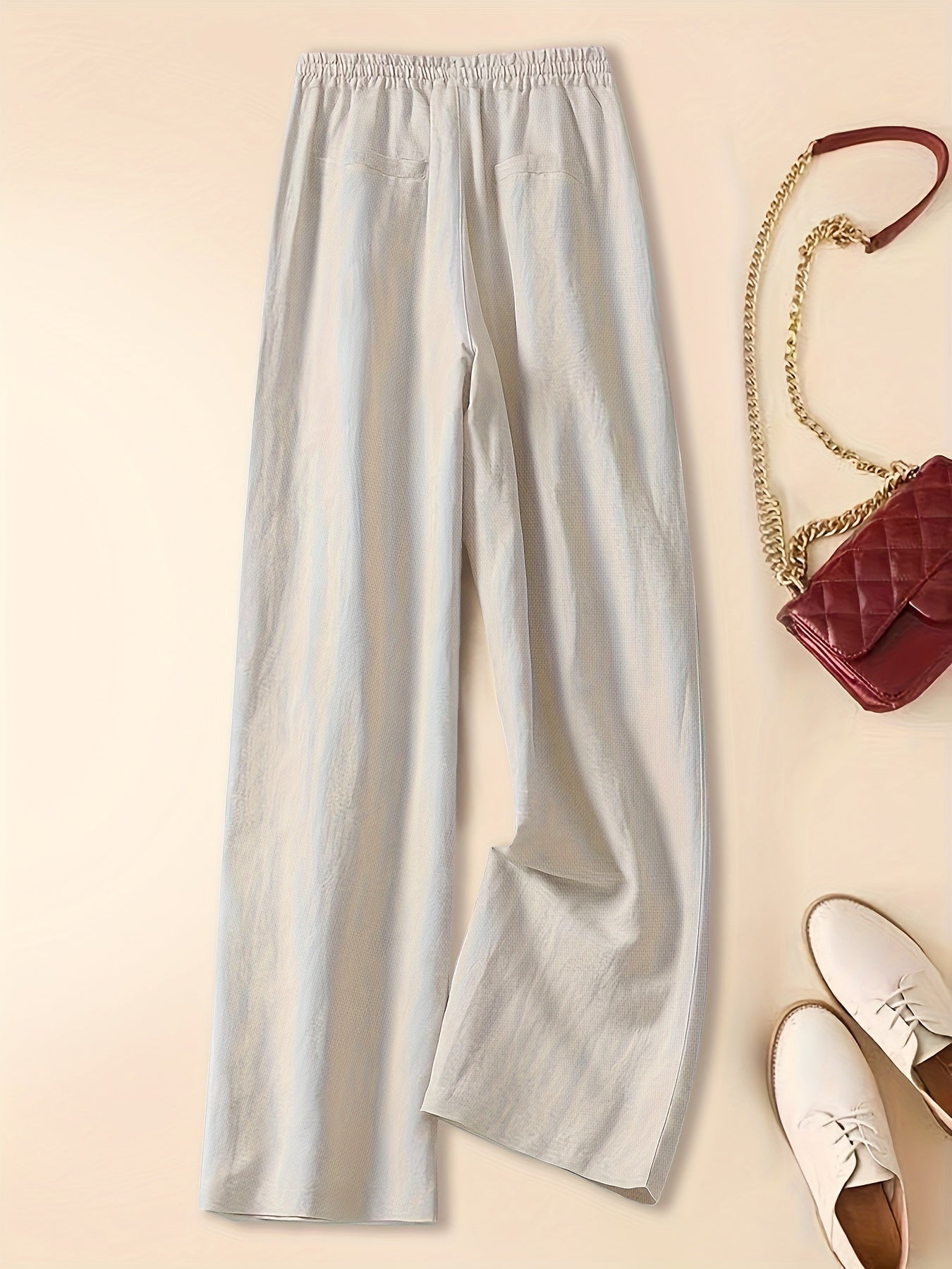 Women's Linen Wide-Leg Pants - Elastic Waist - Lightweight Breathable Fabric - Full Length
