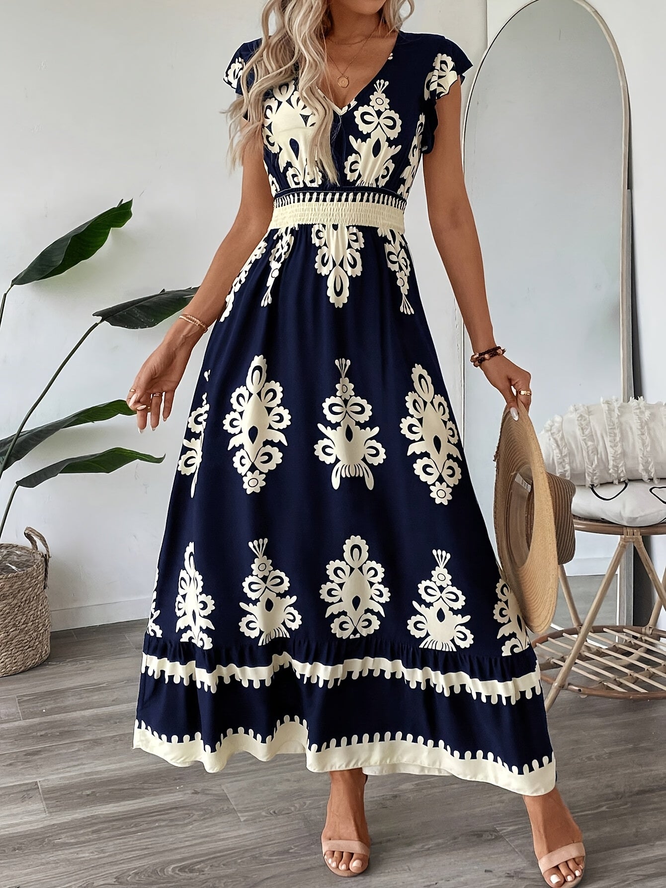 Women's Maxi Dress - V-Neck - Cap Sleeve - Smocked Waist - Flowy Elegant Fit