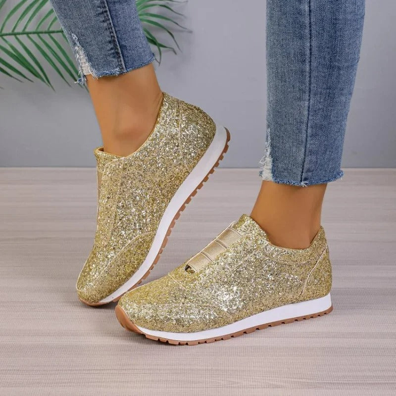 Women's Slip-On Sneakers - Glitter Finish - Round Toe - Casual Comfort Rubber Sole
