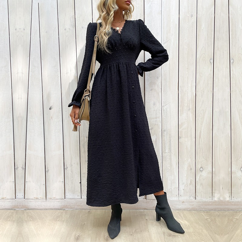Women's Midi Dress - Long Sleeve - V-Neck Empire Waist - Elegant Button Detail