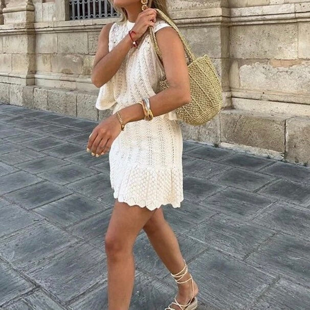 Women’s Sleeveless Knit Dress - Textured Open-Knit Top - Flared Skirt - Ruffled Hem