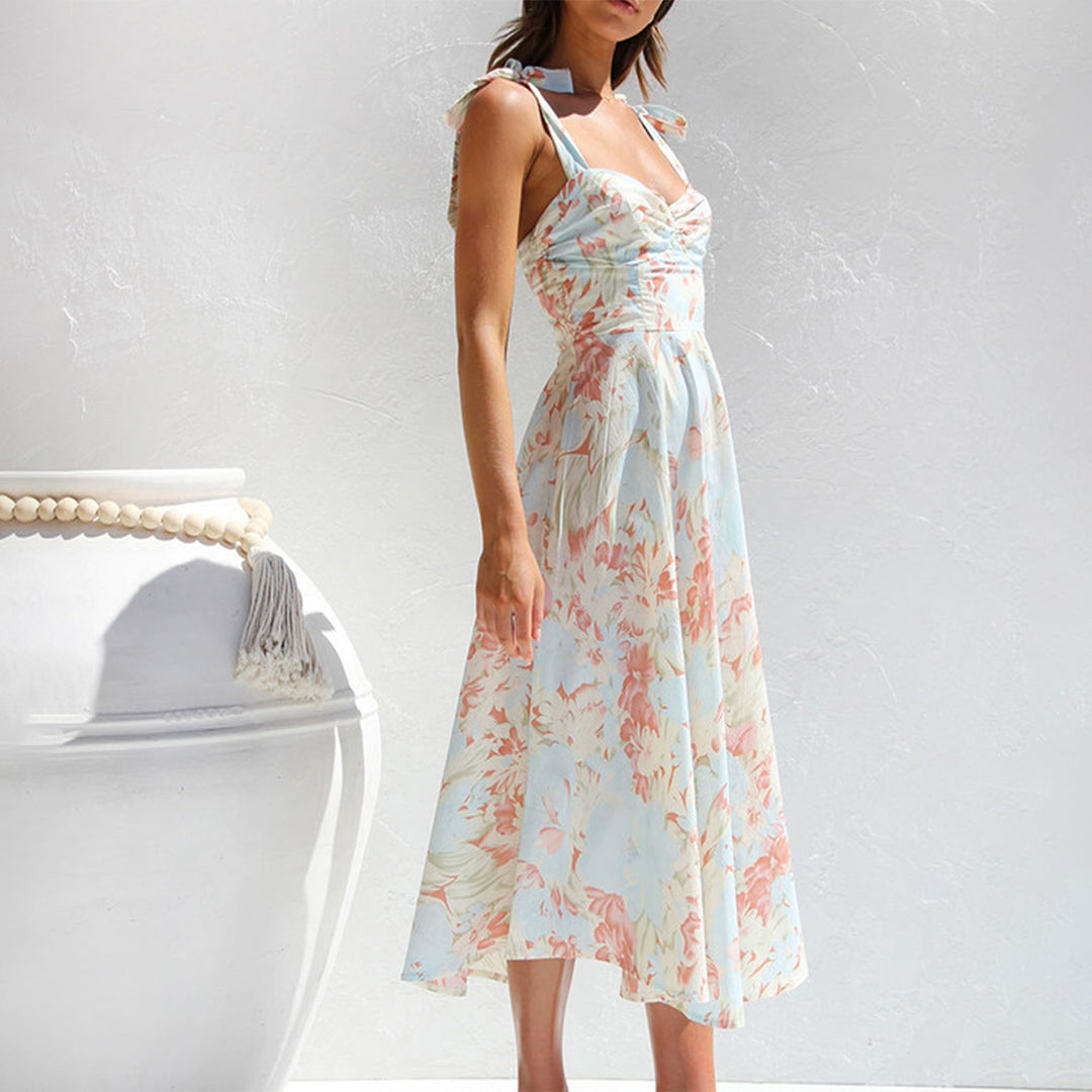 Floral Print Flowy Tie-Up Midi Dress