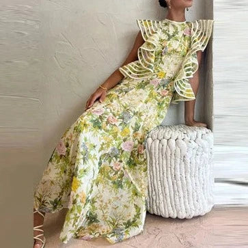 Women's Floral Midi Dress - A-Line Fit - High Neck - Ruffled Cap Sleeves Elegant Style