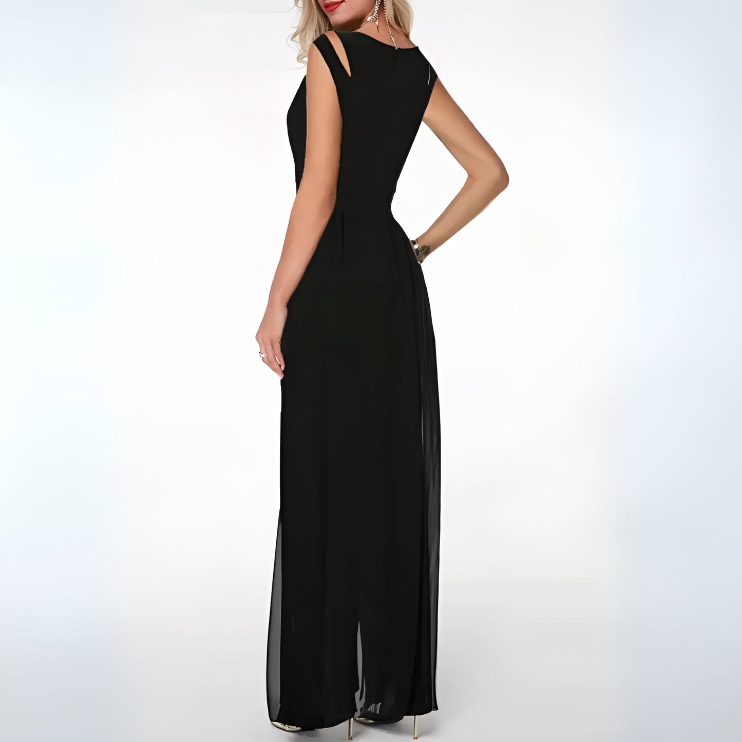 Women's Evening Gown - Sleeveless Cut-Out Shoulder - Floor-Length Flowing Design