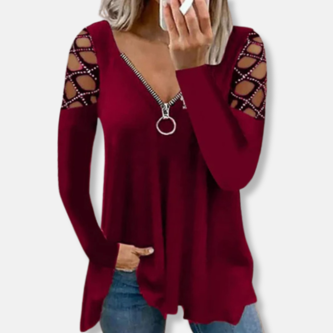 Isabella Tunic Top | V-Neck Zipper Long Sleeve Tunic Top