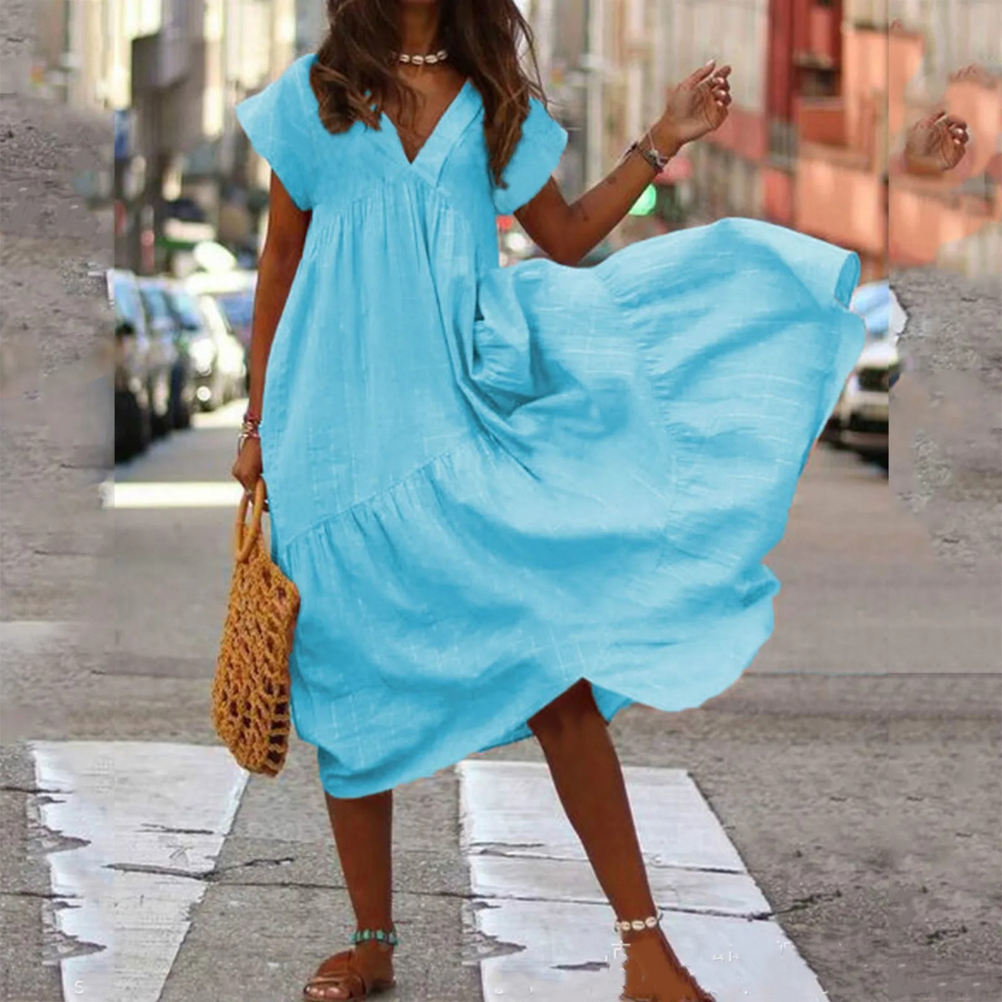 Women's Dress - Flowy Knee-Length - Deep V-Neck - Short Flutter Sleeves - Lightweight