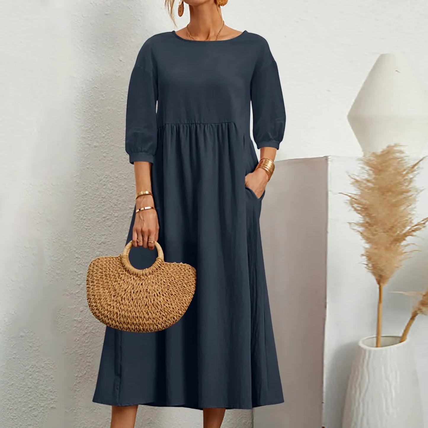 Women’s Midi Dress – Relaxed Fit – Breathable Blend – 3/4 Sleeve – Side Pockets