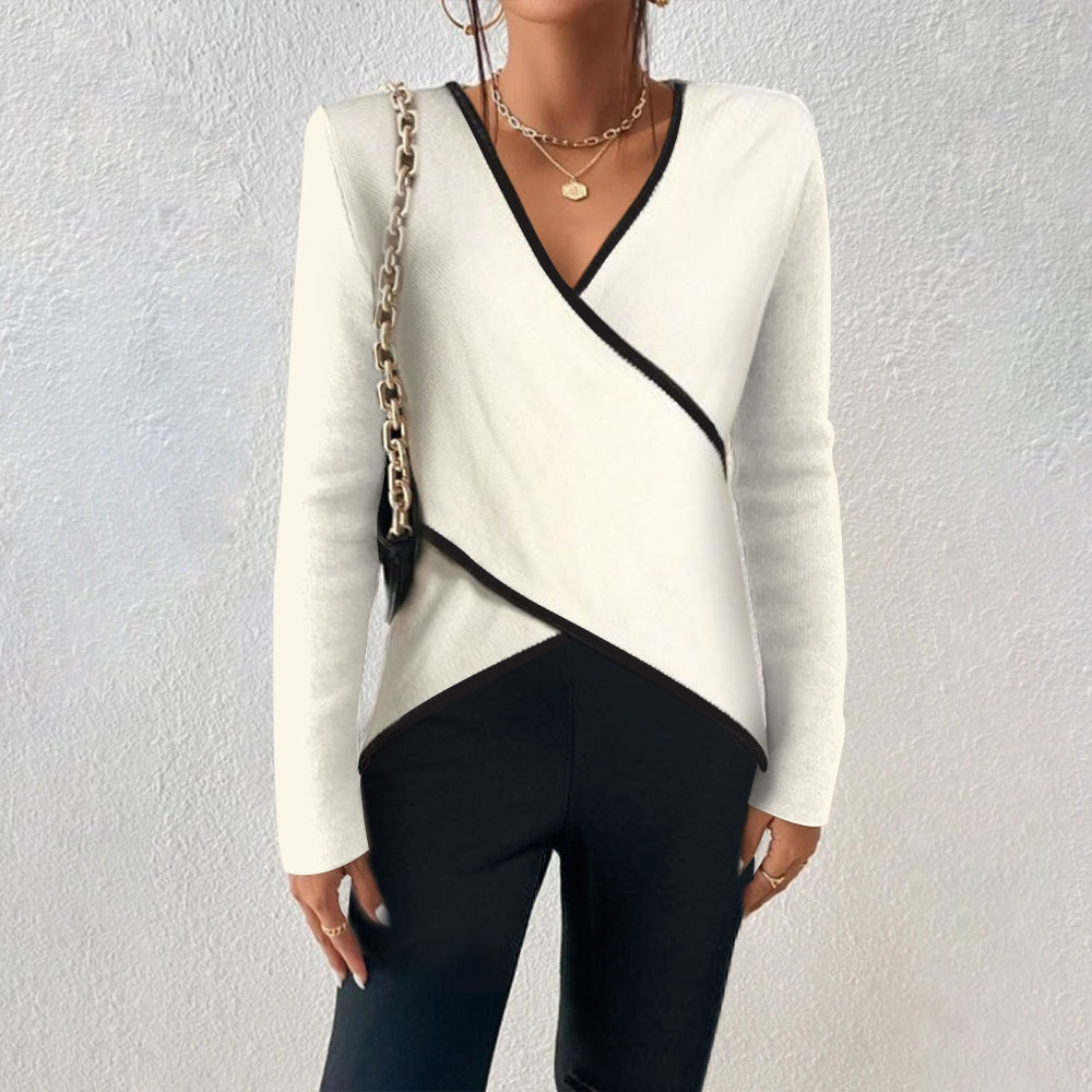Women's ivory V-neck sweater - Asymmetric hemline elegant casual top