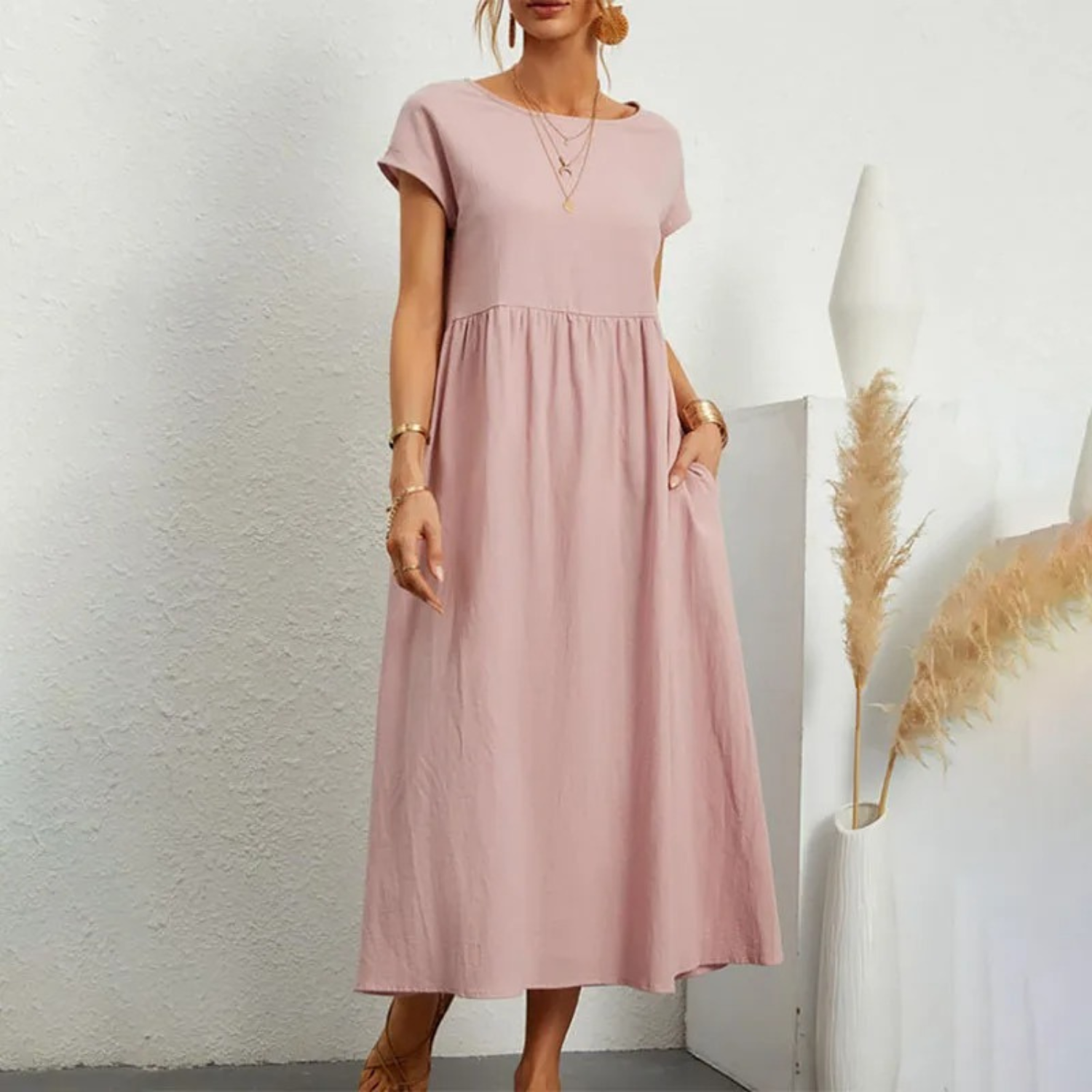 Relaxed Linen Empire Waist Maxi Dress