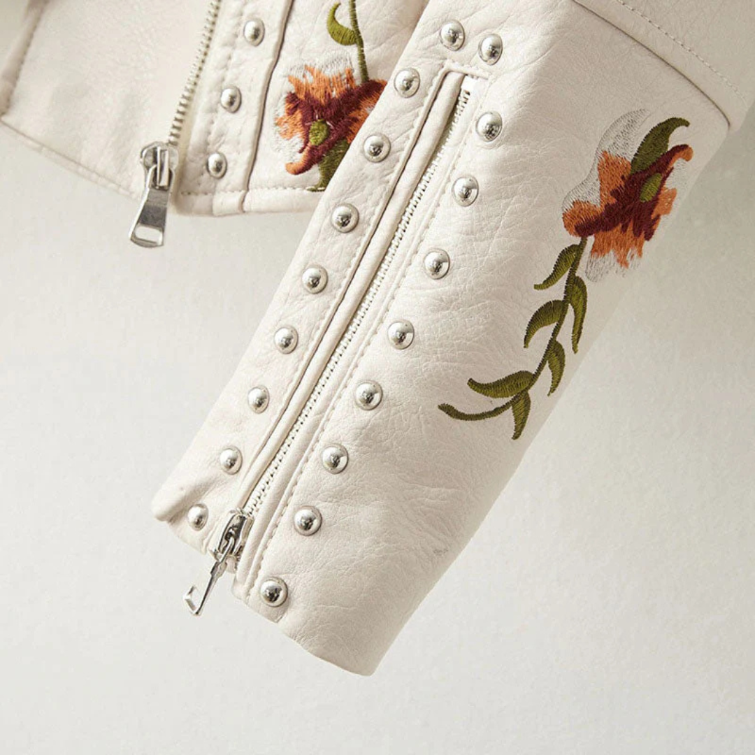 Sofia Leather Biker Jacket | Embroidered Floral Jacket