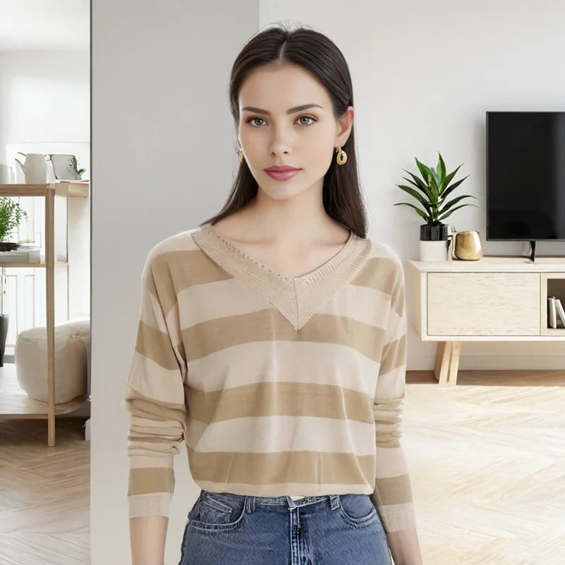Trendy striped women's sweater with loose fit v-neck design
