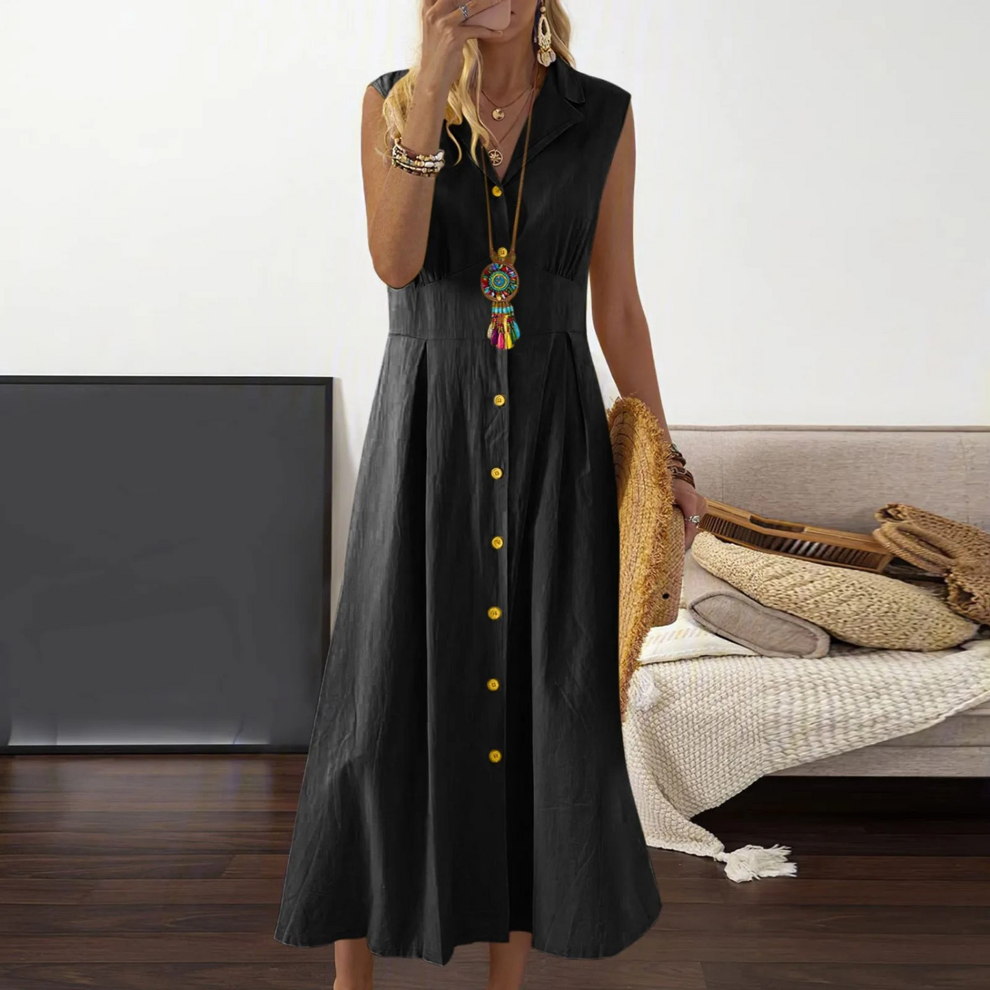 Women’s Button-Down Midi Dress - Collared V-Neck - Sleeveless A-Line Silhouette
