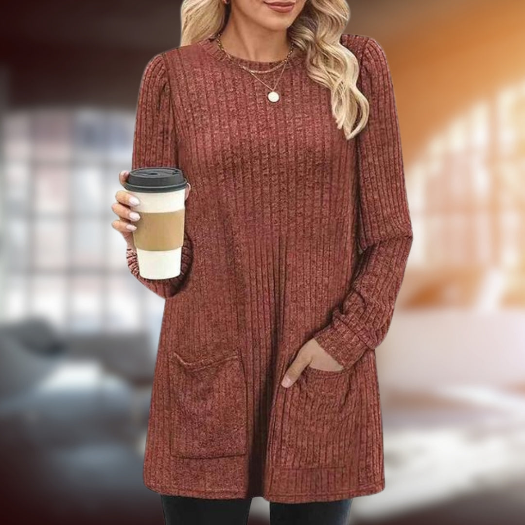 Women's mid-length knit round neck with pockets sweater
