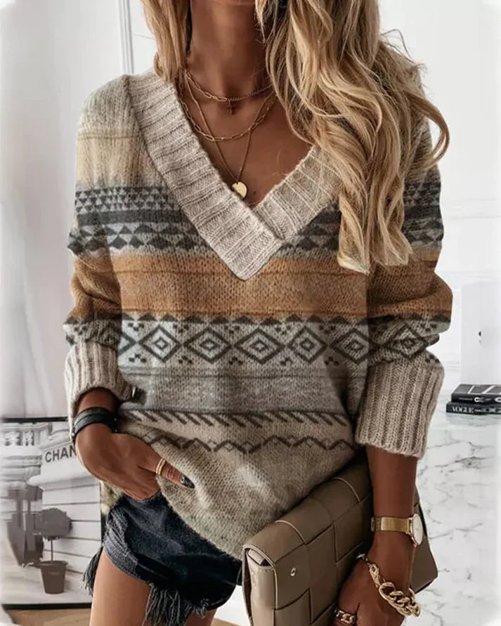 Printed V-Neck Loose Knit Pullover Sweater