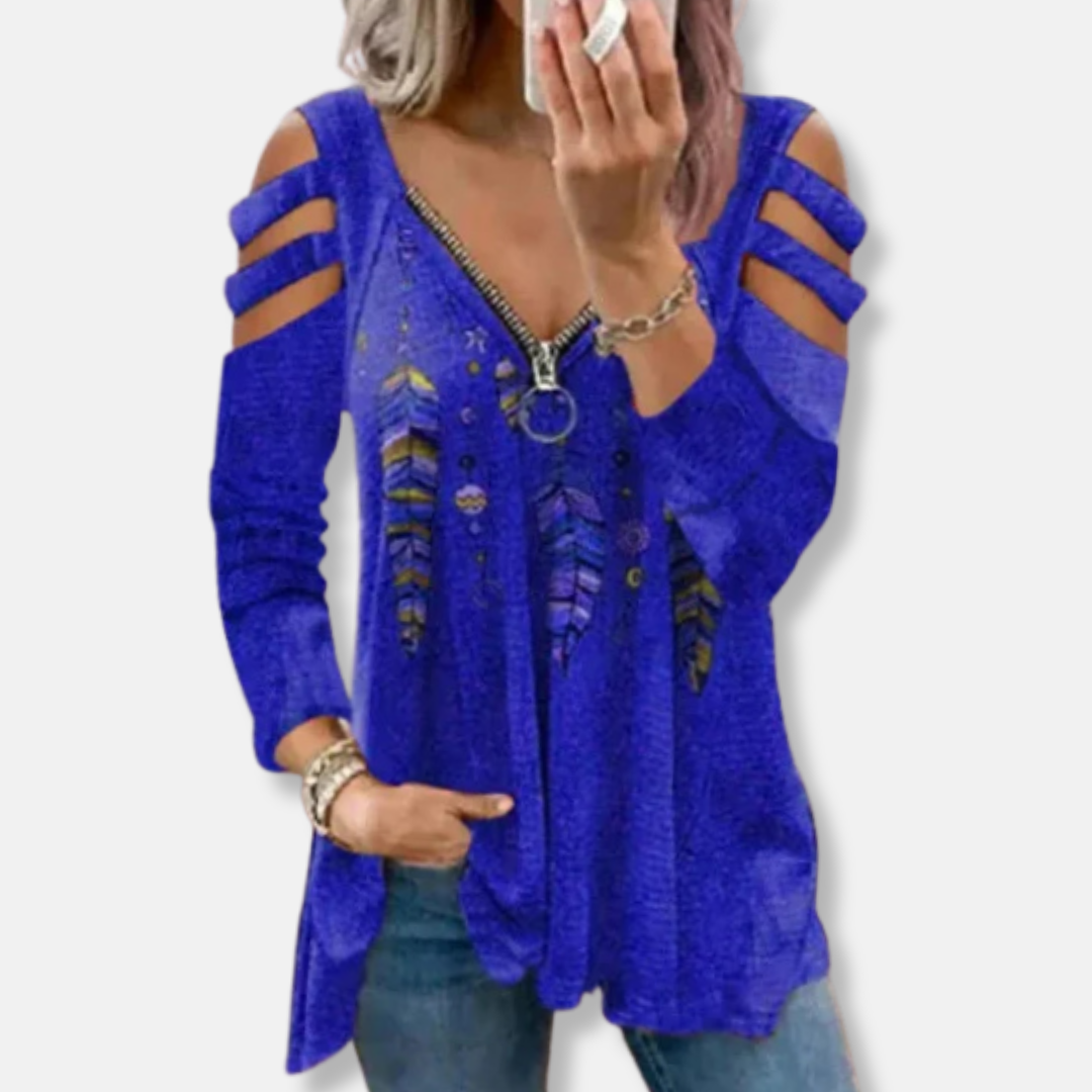 Florence Relaxed Fit Pullover Top | Zipper V-Neck Cold Shoulder Pullover Top
